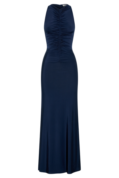 Robe Maxi Halter à Fronces et Décolleté en V - Bleu Marine