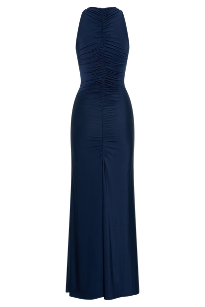 Robe Maxi Halter à Fronces et Décolleté en V - Bleu Marine