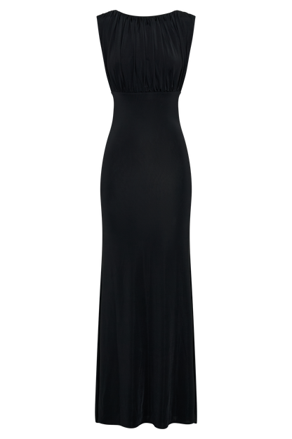 Robe Maxi Malia en Mousseline de Soie à Plis - Noir