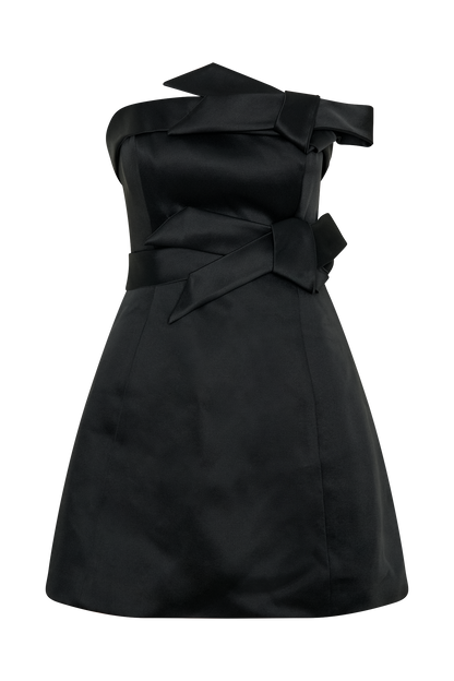 Mini-robe trapue en satin sans bretelles avec nœud - Noir