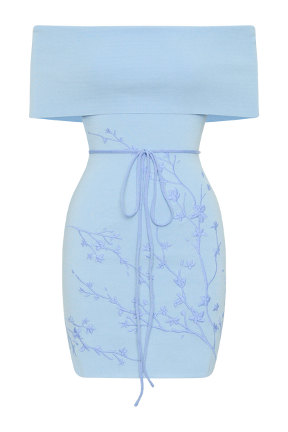 Mini-robe en jersey brodé à épaules dénudées Mallory - Bleu glace
