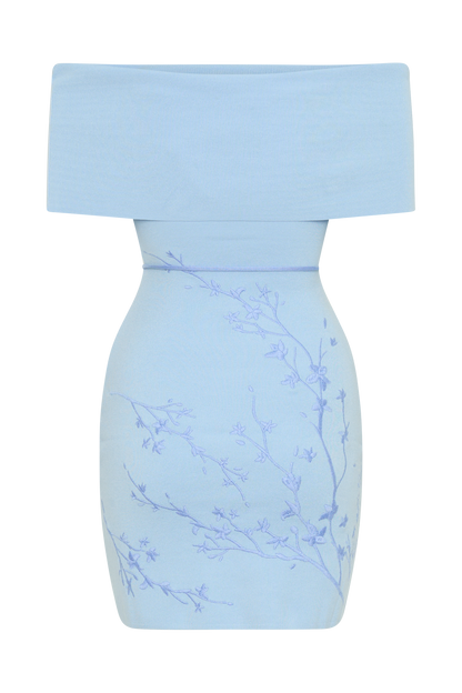 Mini-robe en jersey brodé à épaules dénudées Mallory - Bleu glace
