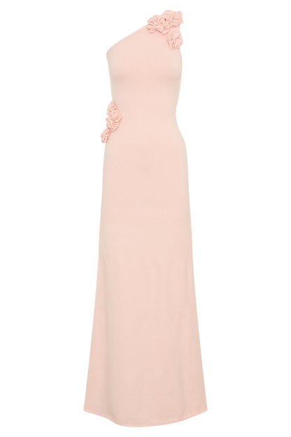 Robe Maxi Tricotée à Une Épaule Paloma avec Fleurs - Rose Poussière