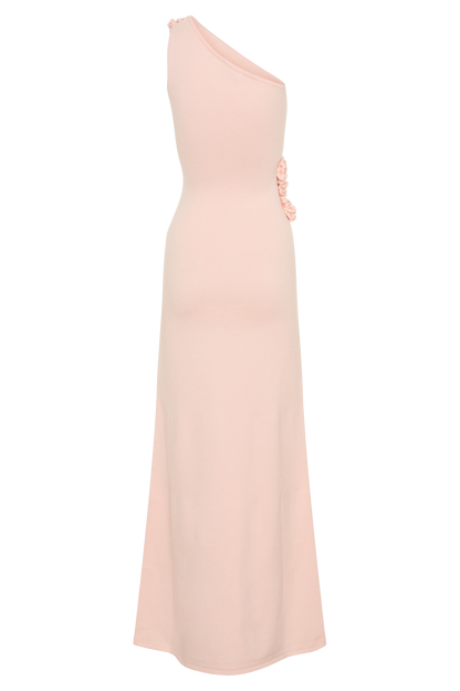 Robe Maxi Tricotée à Une Épaule Paloma avec Fleurs - Rose Poussière