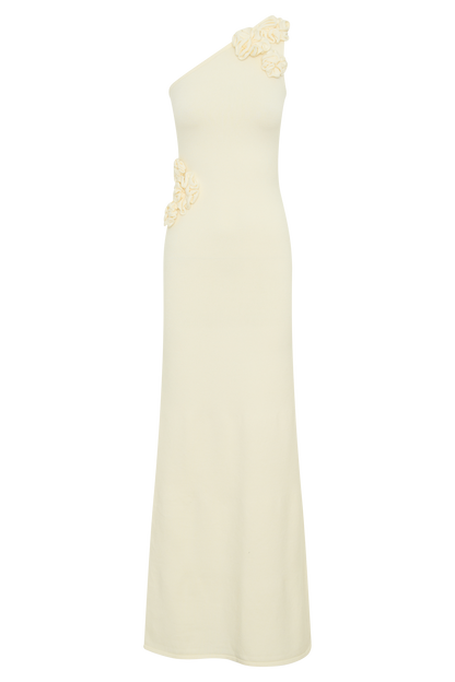 Robe Maxi Tricotée à Une Épaule Paloma avec Fleurs - Ivoire
