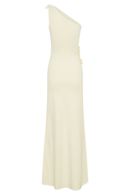 Robe Maxi Tricotée à Une Épaule Paloma avec Fleurs - Ivoire