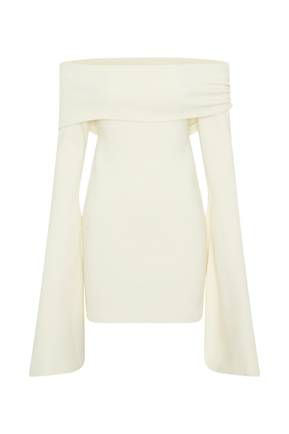 Mini-robe Dominique à manches longues et épaules dénudées - Ivoire