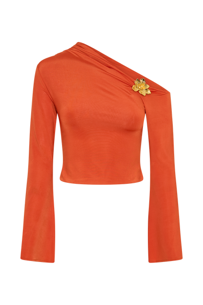 Top asymétrique à manches longues Ainsley avec ornements floraux - Orange brûlé