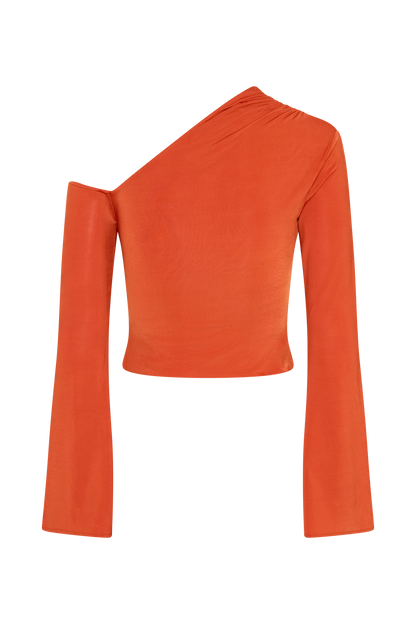 Top asymétrique à manches longues Ainsley avec ornements floraux - Orange brûlé