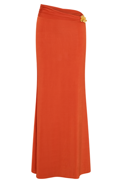 Jupe Maxi Asymétrique Ainsley avec Frotterie Florale - Orange Brûlé