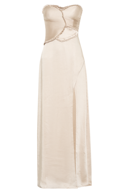 Robe Maxi Satin Larissa avec Pétales Froncés - Or Poudré