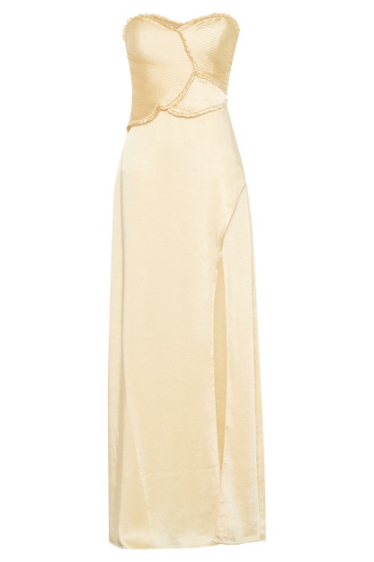 Robe longue satinée Larissa avec pétales froncés - Citron