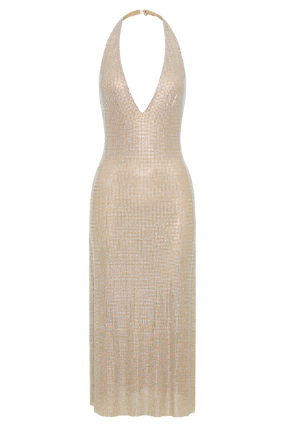 Genie Diamante Robe Midi à Manches Frangées - Nude
