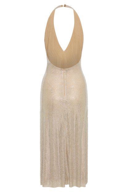 Genie Diamante Robe Midi à Manches Frangées - Nude