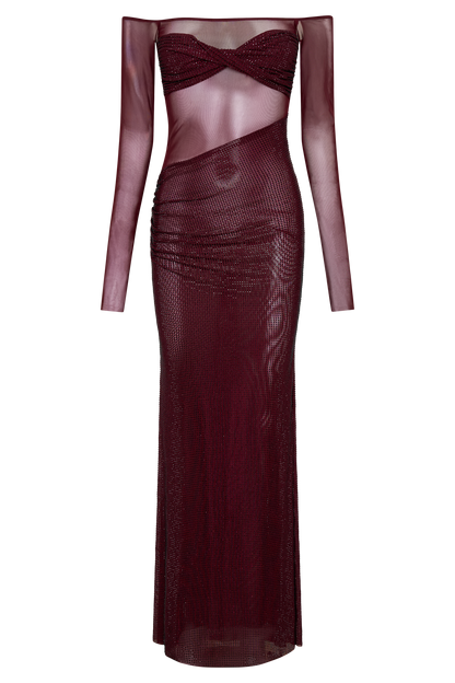 Robe Maxi à épaules dénudées Nash Diamante - Brun-rouge