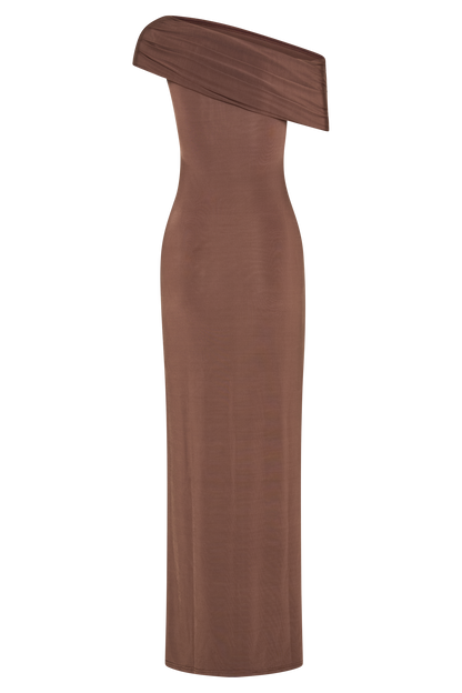 Robe Maxi Épaules Découvertes et Étroite Cassandra - Chocolat