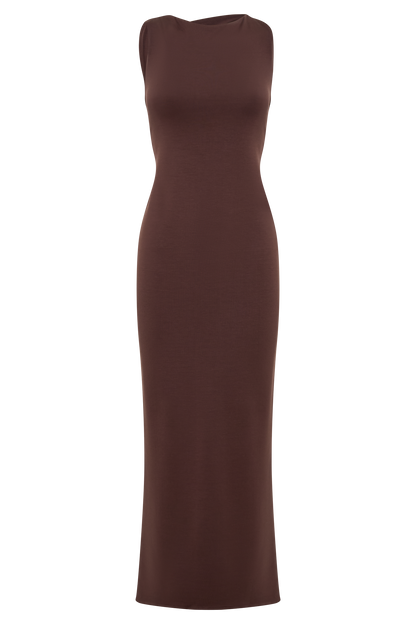 Robe midi asymétrique en jersey scuba Catelyn - Brun cacao