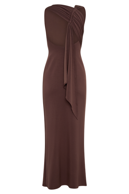 Robe midi asymétrique en jersey scuba Catelyn - Brun cacao