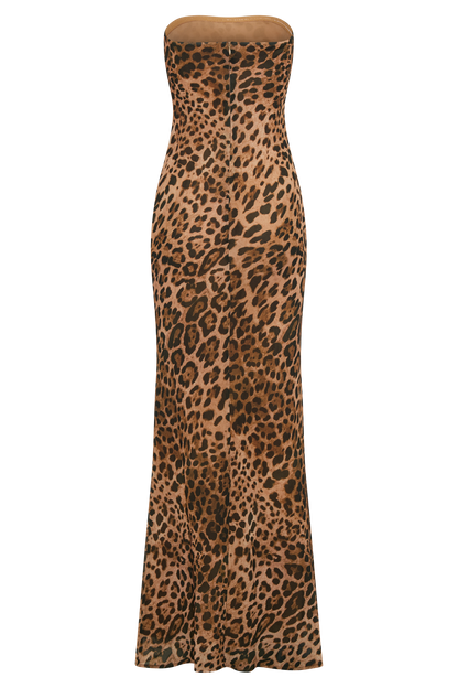 Breanna Robe Maxi en Chiffon sans Bretelles - Imprimé Léopard