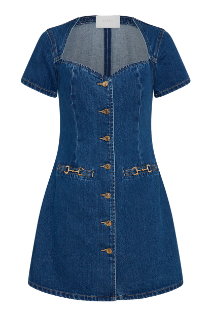 Mini-robe en jean à col en forme de cœur Monica - Bleu foncé