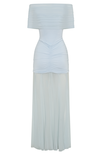 Robe Maxi Décolletée et à Manches Frangées en Mousseline et Maille - Bleu Clair