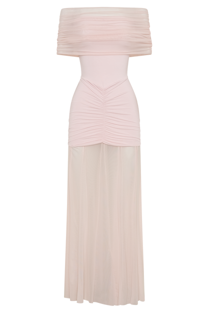 Robe Maxi Décolletée et à Manches en Mousseline et Maille - Rose Pâle