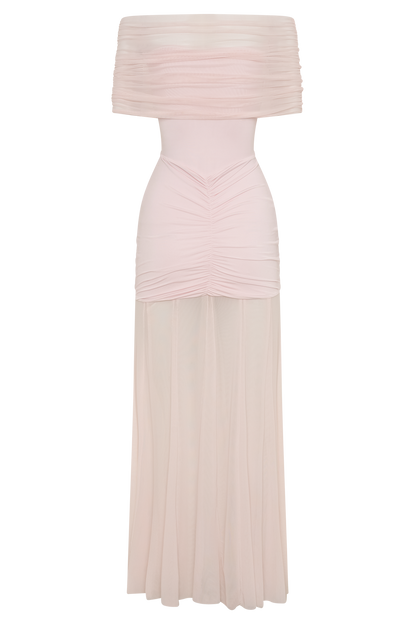 Robe Maxi Décolletée et à Manches en Mousseline et Maille - Rose Pâle