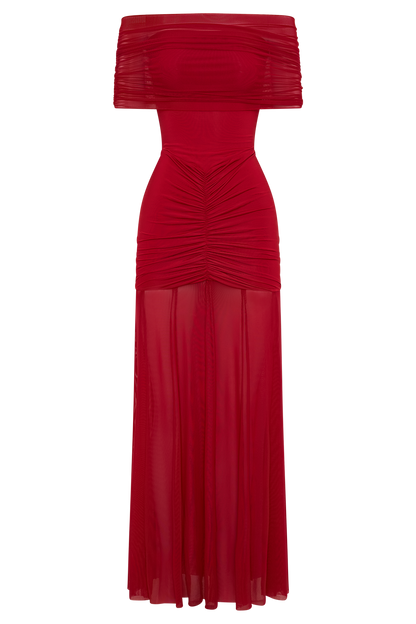 Robe Maxi Décolletée et à Emmanchures Découvrant les Épaulettes en Maille et Jersey - Rubis