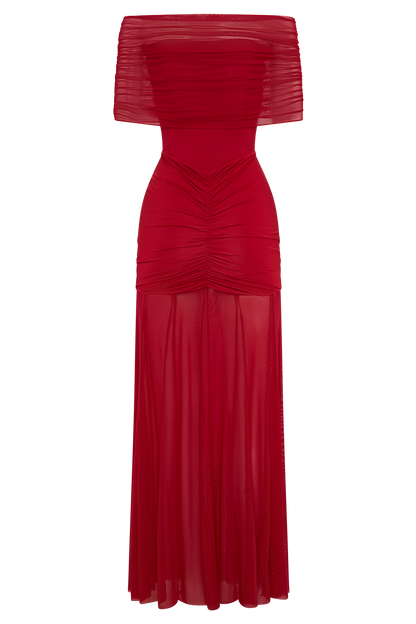 Robe Maxi Décolletée et à Emmanchures Découvrant les Épaulettes en Maille et Jersey - Rubis