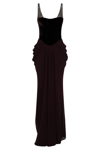 Robe Maxi Roxanne en Velours avec Corset - Brun Cacao