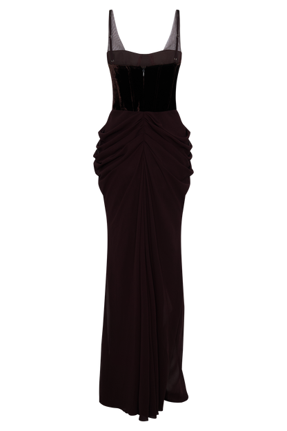 Robe Maxi Roxanne en Velours avec Corset - Brun Cacao