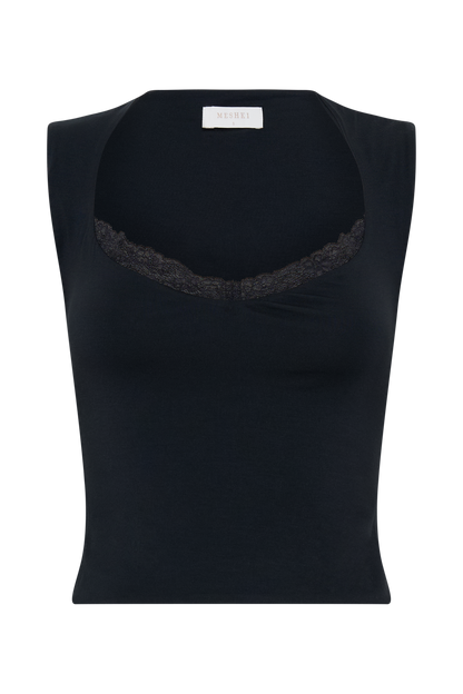 T-shirt en modal avec bordure en dentelle Tatianna - Noir