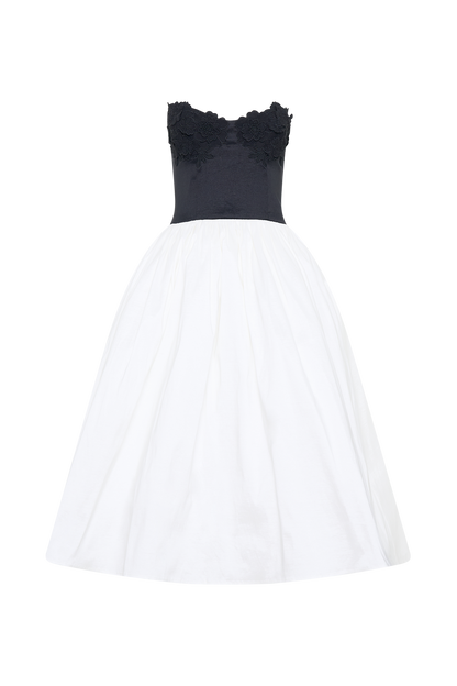 Robe midi contrastée brodée Elyssa - Noir/Blanc
