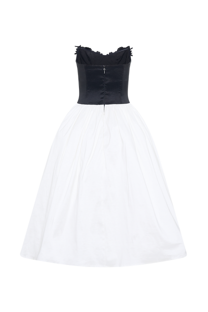 Robe midi contrastée brodée Elyssa - Noir/Blanc