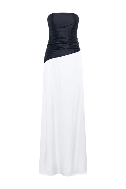 Serena Robe Maxi en Taffetas Sans Bretelles - Blanc/Noir