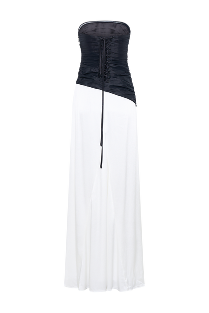 Serena Robe Maxi en Taffetas Sans Bretelles - Blanc/Noir
