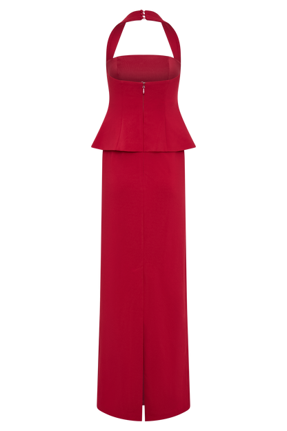 Robe Maxi Bertie à Volants et Col Halter - Rubis