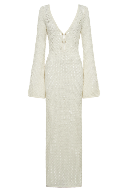 Robe Maxi à Manches Bouffantes en Crochet en Forme de Queue de Poisson - Blanc