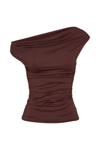 Top Alayna en nylon recyclé à volants - Chocolat
