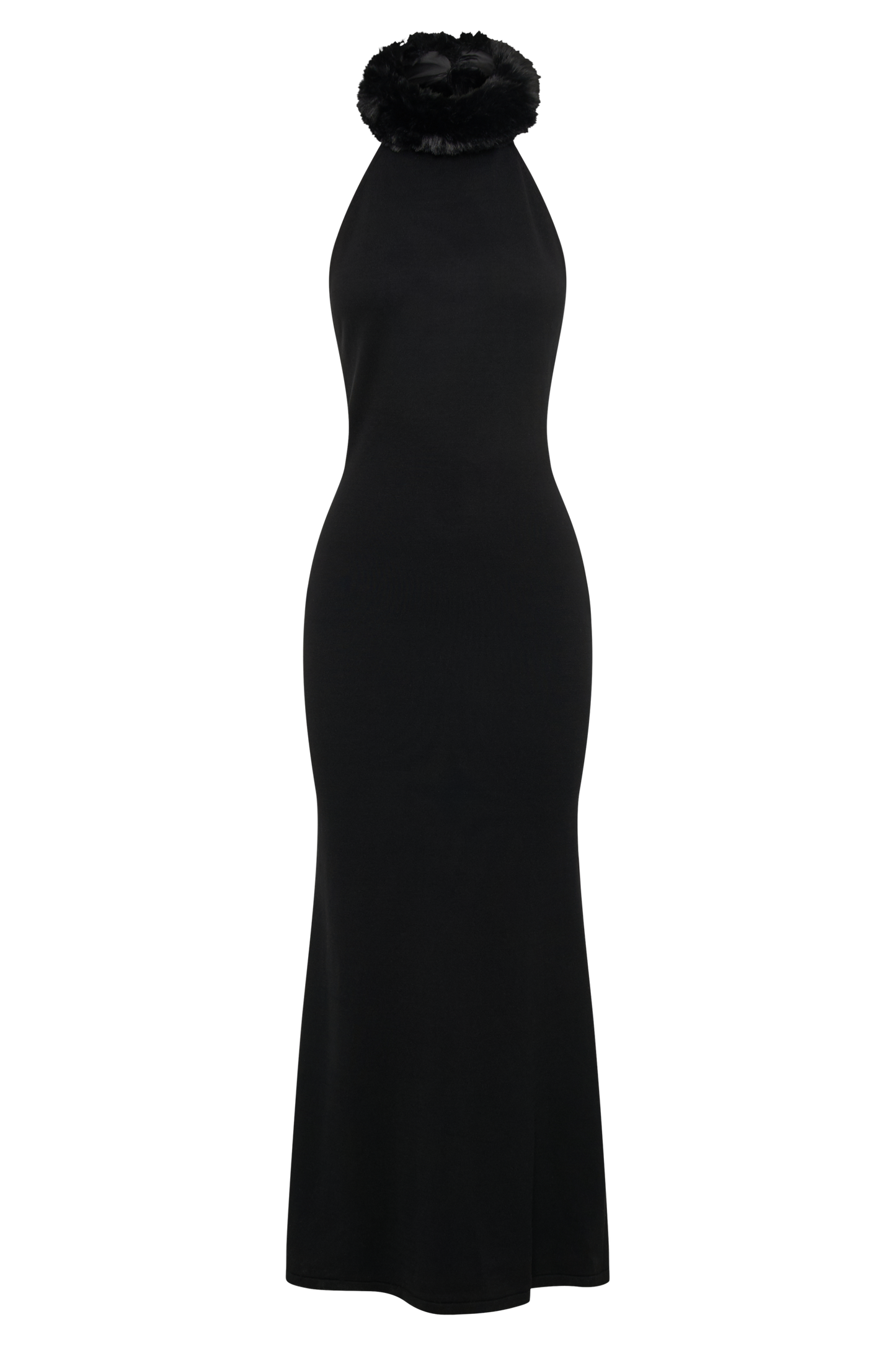 Elva Robe Maxi Tricotée à Manches Croisées avec Fausse Fourrure - Noir