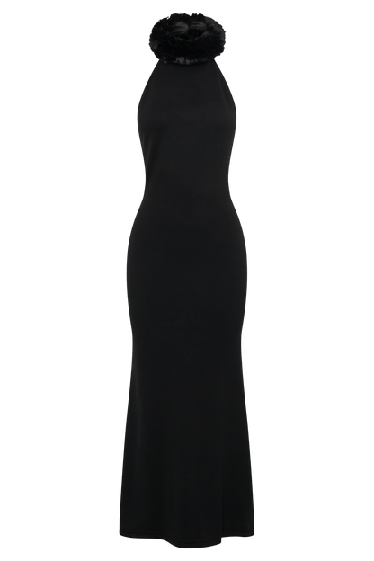 Elva Robe Maxi Tricotée à Manches Croisées avec Fausse Fourrure - Noir