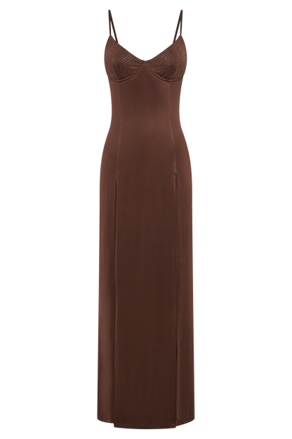 Jojo Robe Maxi Jersey à Fente avec Diamants - Chocolat