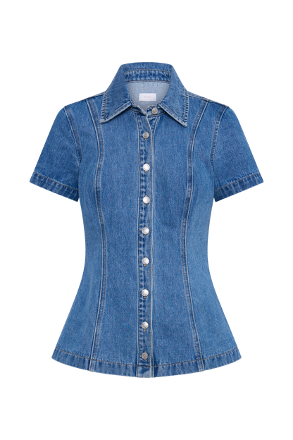 Top en jean à manches courtes Ellie - Bleu des années 70