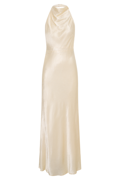 Robe longue satinée irisée à col montant Esther - Sorbet citron