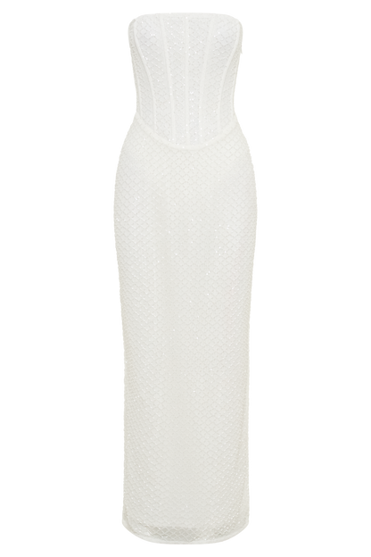 Robe Maxi Gemma sans bretelles à paillettes - Blanche