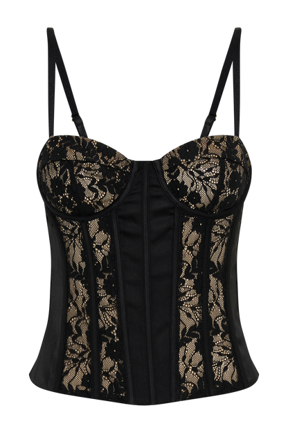 Corset Maryse en satin et dentelle - Noir