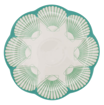 Assiette plate en céramique Balearic Blu blanche avec motif vert et bord peint à la main (lot de 4)