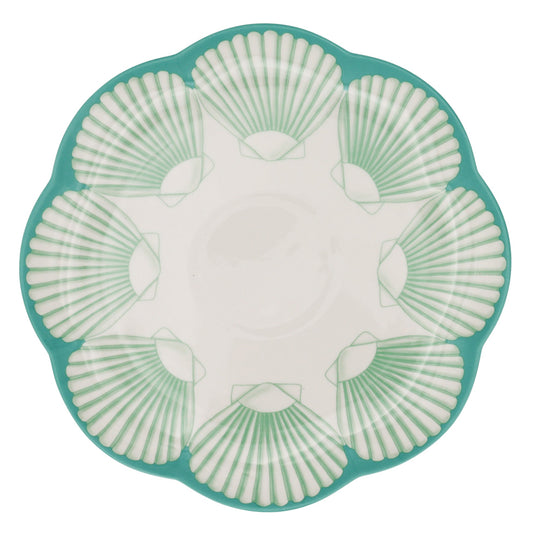 Assiette plate en céramique Balearic Blu blanche avec motif vert et bord peint à la main (lot de 4)
