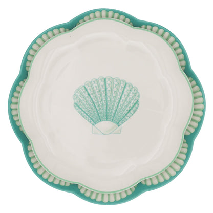 Assiette plate en céramique Balearic Blu blanche avec motif vert et bord peint à la main (lot de 4)
