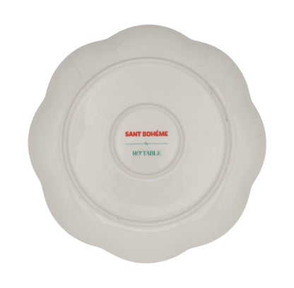 Assiette plate en céramique Balearic Blu blanche avec motif vert et bord peint à la main (lot de 4)